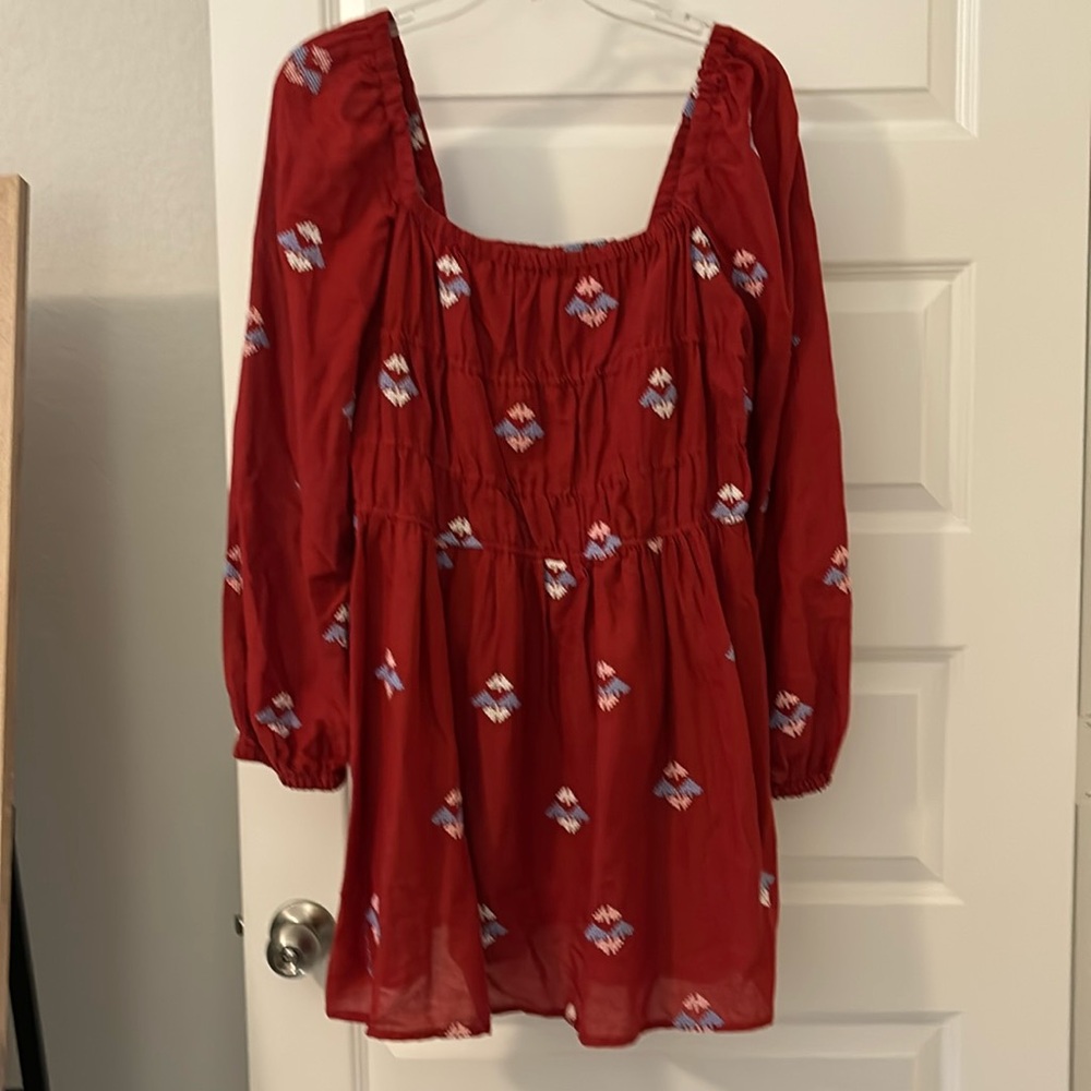 MyraUSA red orange off shoulder babydoll dress SZ large square neck long sleeve